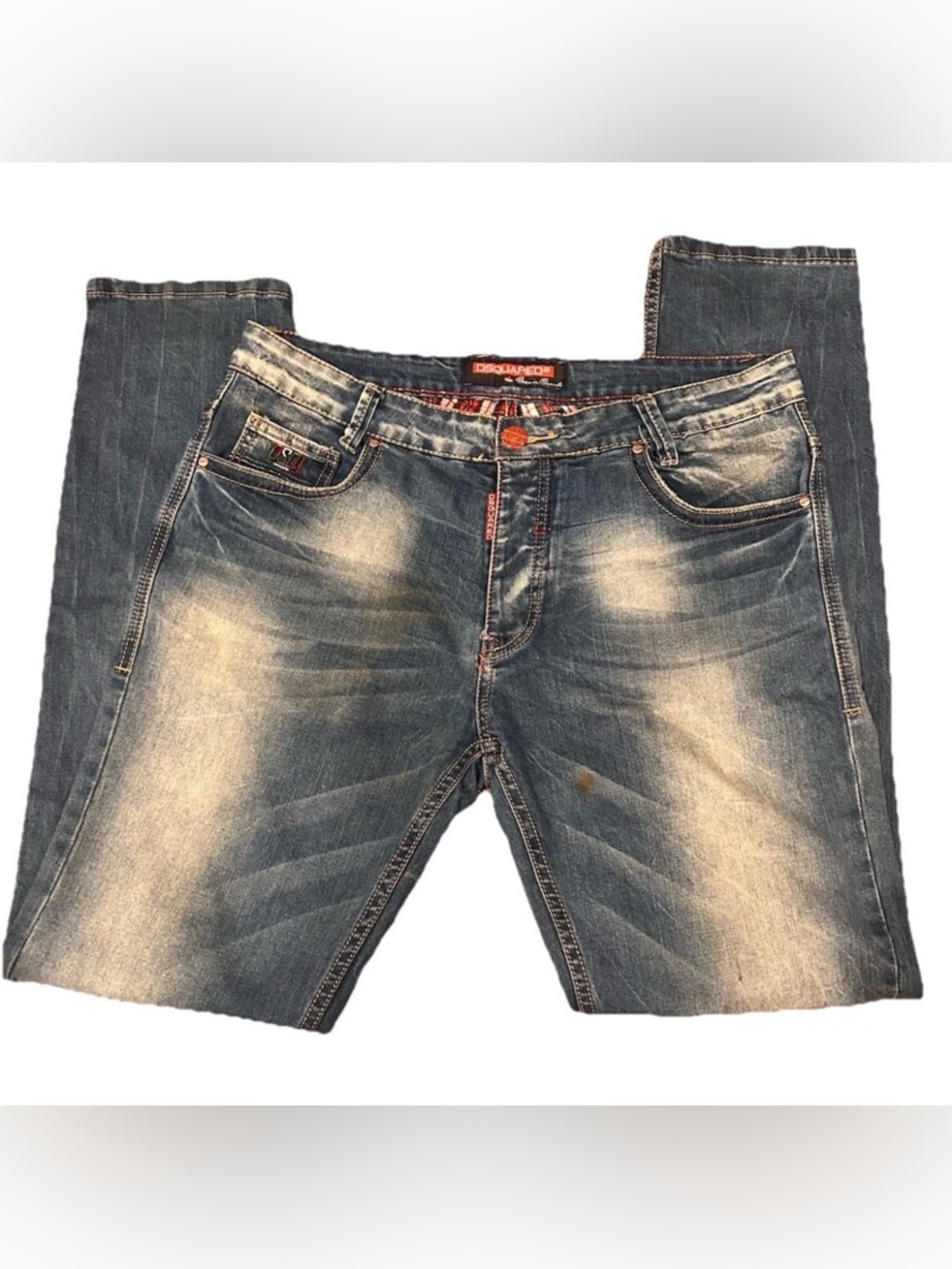 DSquared2 Men's Blue Distressed Slim Fit Denim Jeans Size 34 Plaid Pocket Lining
